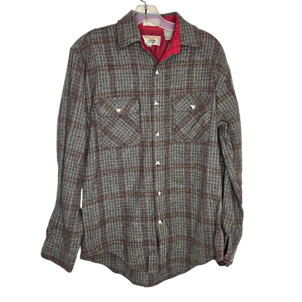 Vintage Men Wool Flannel Shirt Indie Granola Outdoor Plaid Button Front Medium